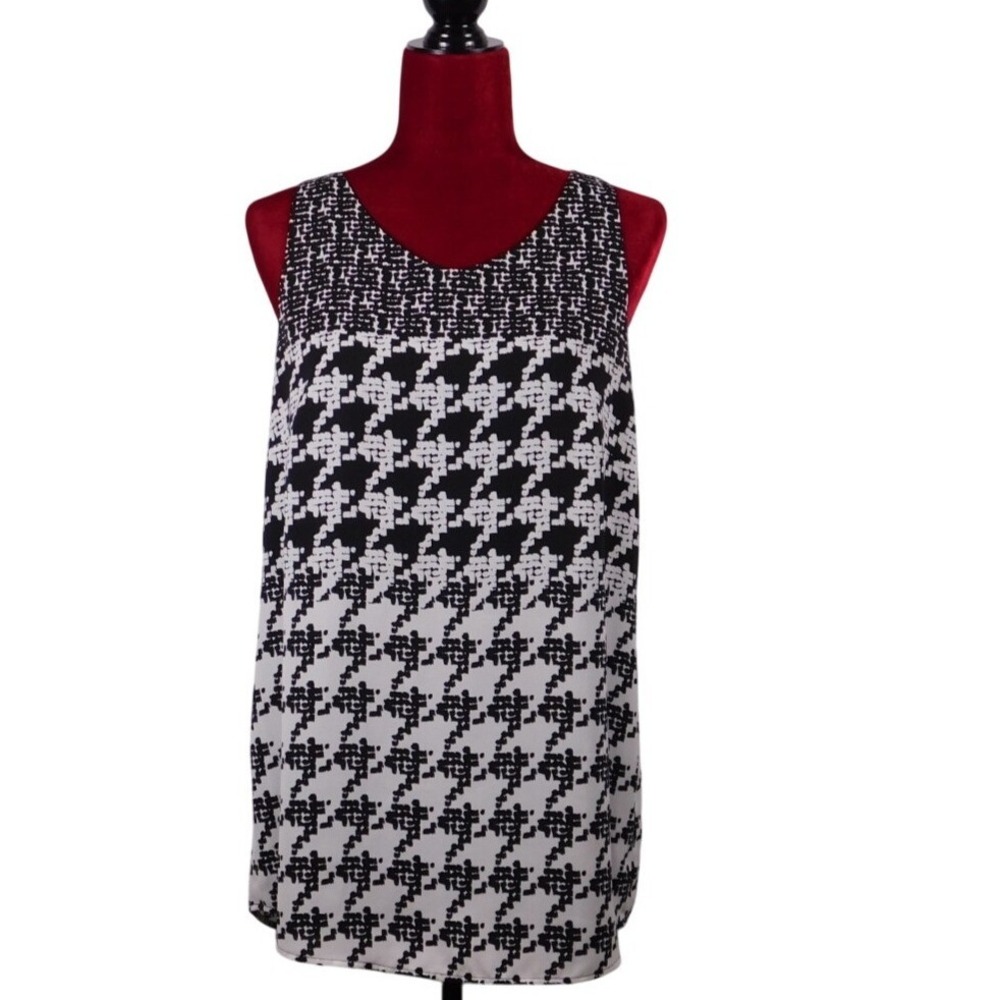 Cabi Womens #3090 Black White Houndstooth Sleeveless Tunic Top Blouse Sz Med D90